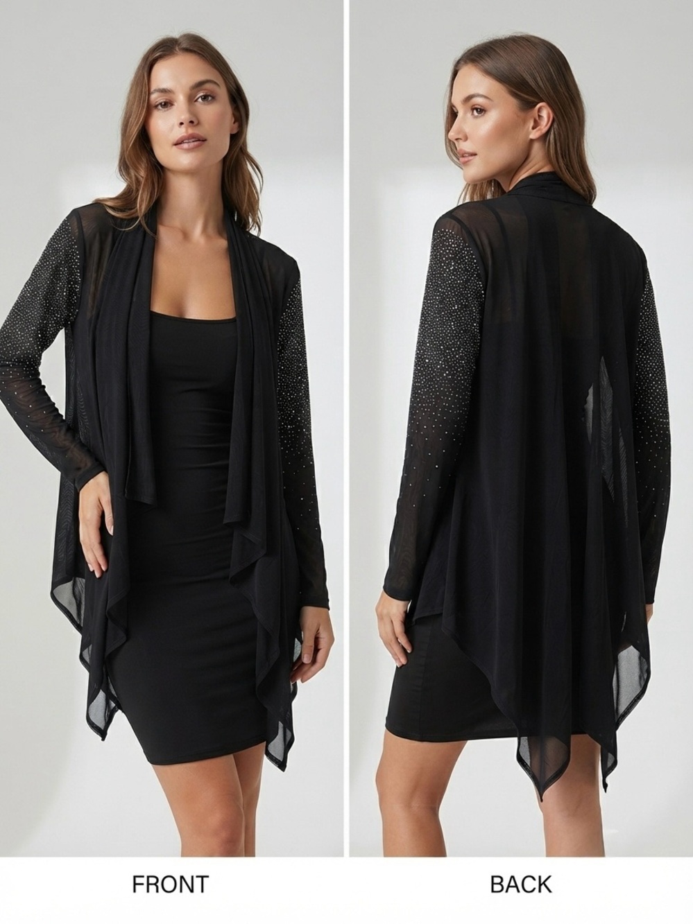 S-Twelve Black Sheer Draped Open Cardigan with Embellished Sleeves